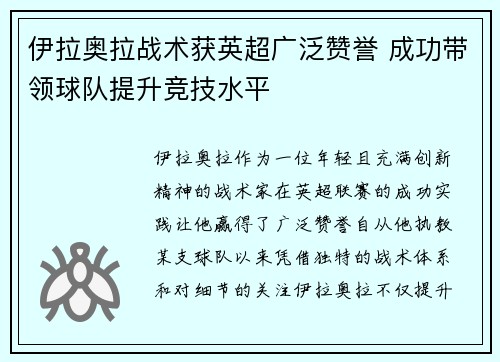 伊拉奥拉战术获英超广泛赞誉 成功带领球队提升竞技水平